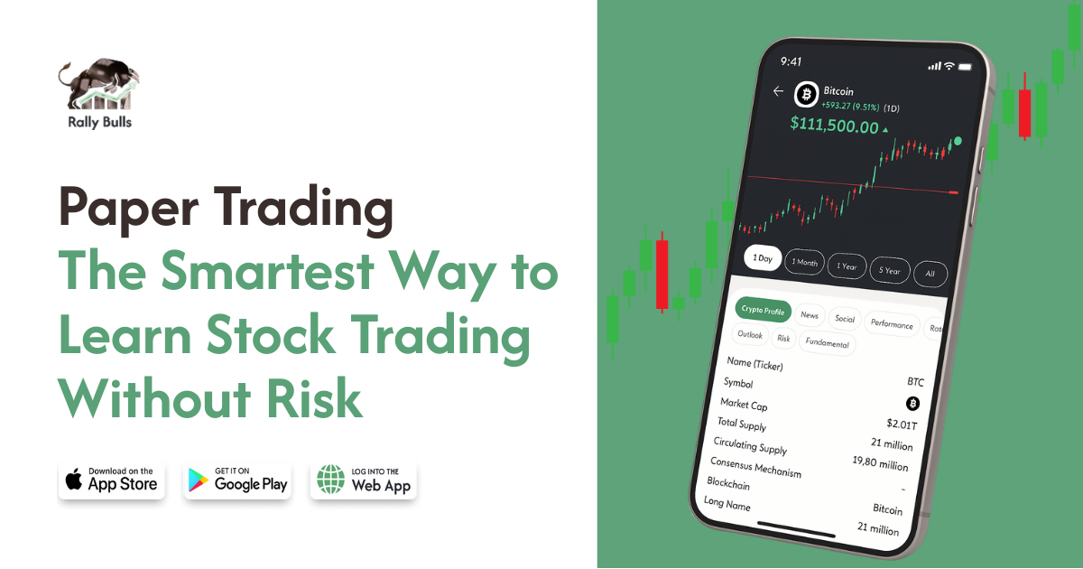 Rally Bulls paper trading UI with the heading: ‘Paper Trading – The Smartest Way to Learn Stock Trading Without Risk.