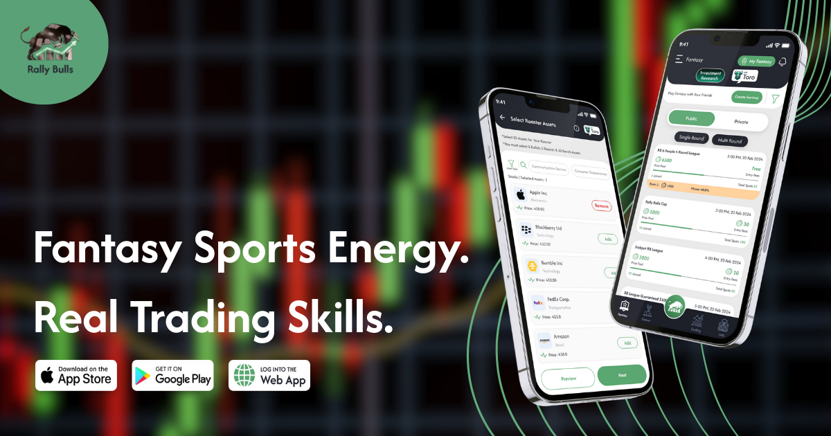 A dynamic image representing the energy and excitement of fantasy sports and stock trading with the text 'Fantasy Sports Energy. Real Trading Skills.