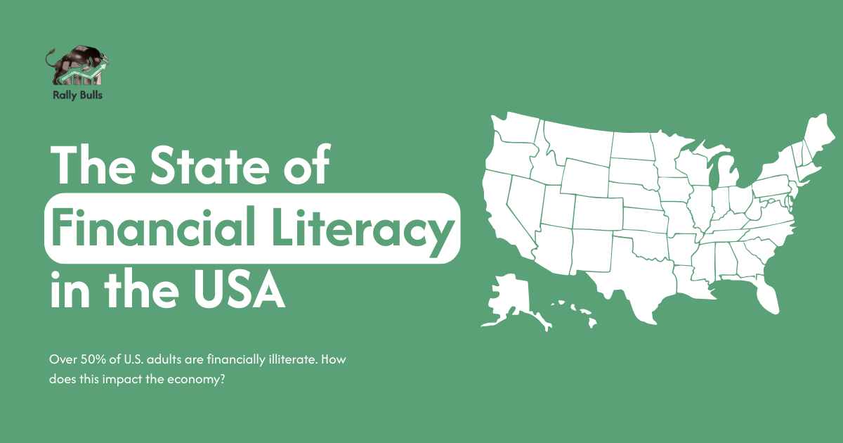 USA map with text highlighting that over 50% of U.S. adults are financially illiterate and its economic impact