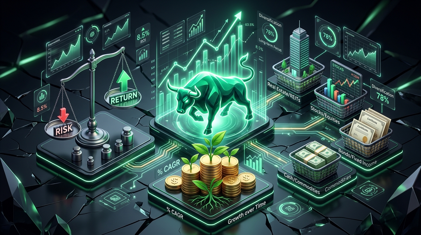Conceptual illustration of compound growth, diversification, and the risk-return relationship